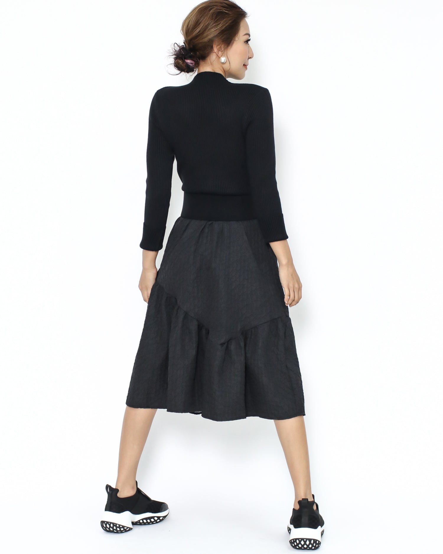 black knitted & texture flare dress