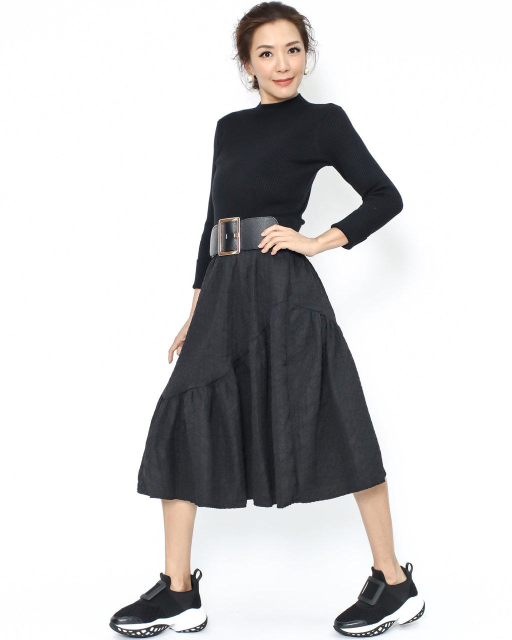 black knitted & texture flare dress