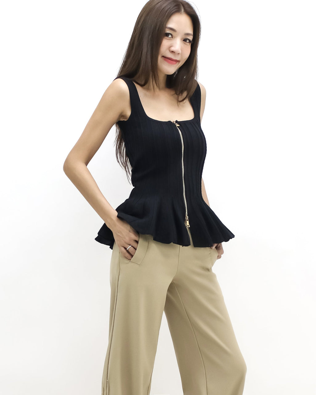 black flare zipper front knitted vest