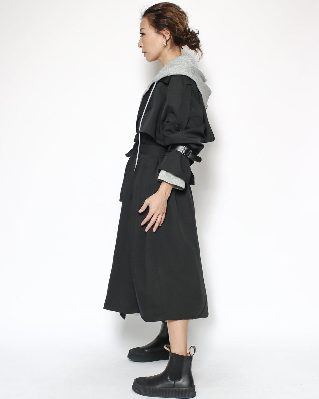black trench jacket & grey hoodie set with belt*pre-order*