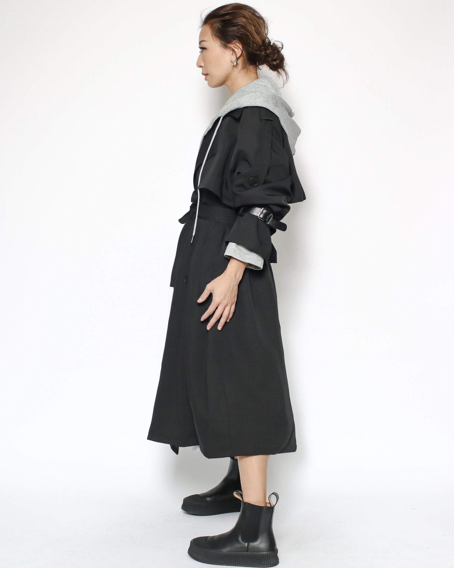 black trench jacket & grey hoodie set with belt*pre-order*