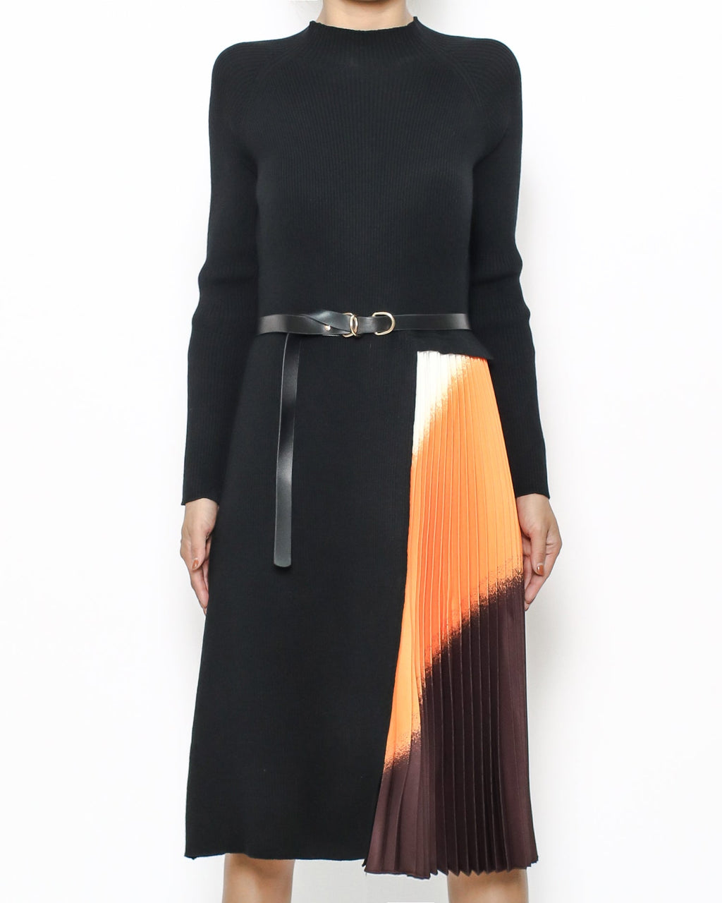 black knitted & colourful pleats dress with belt *pre-order*