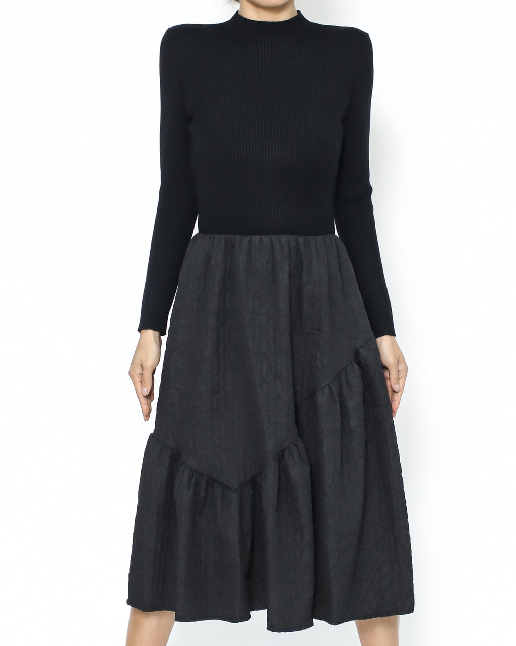 black knitted & texture flare dress