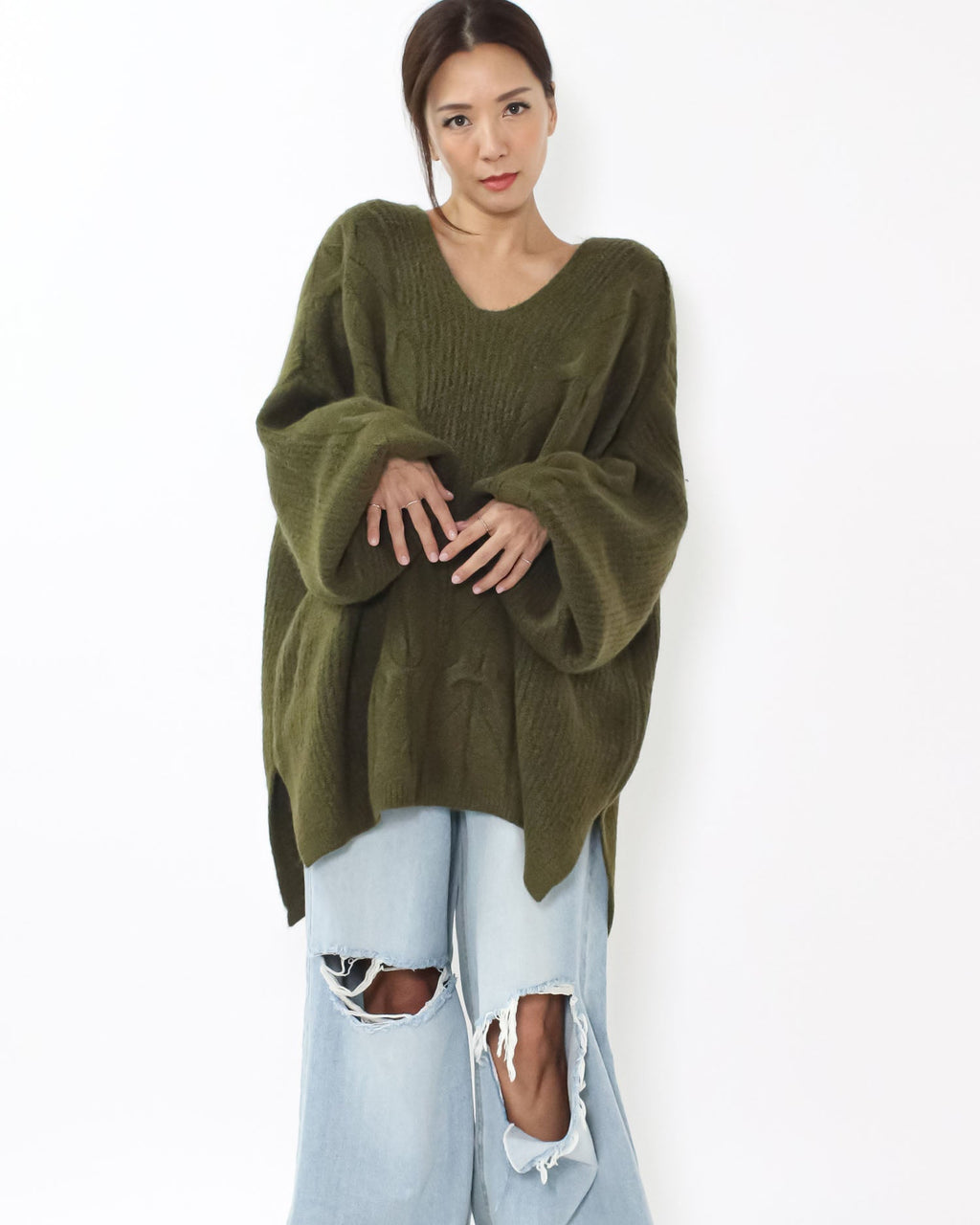 green twisted knitted longline top