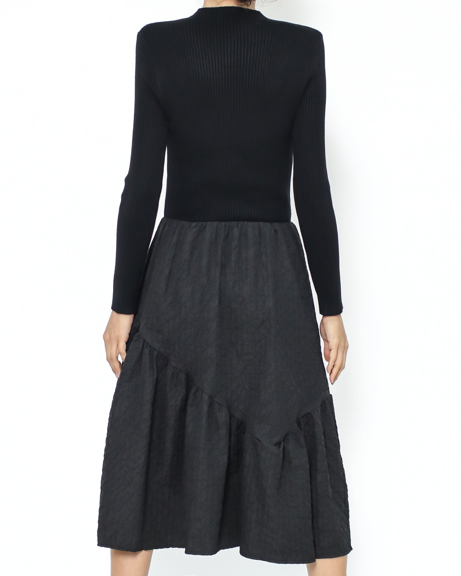 black knitted & texture flare dress