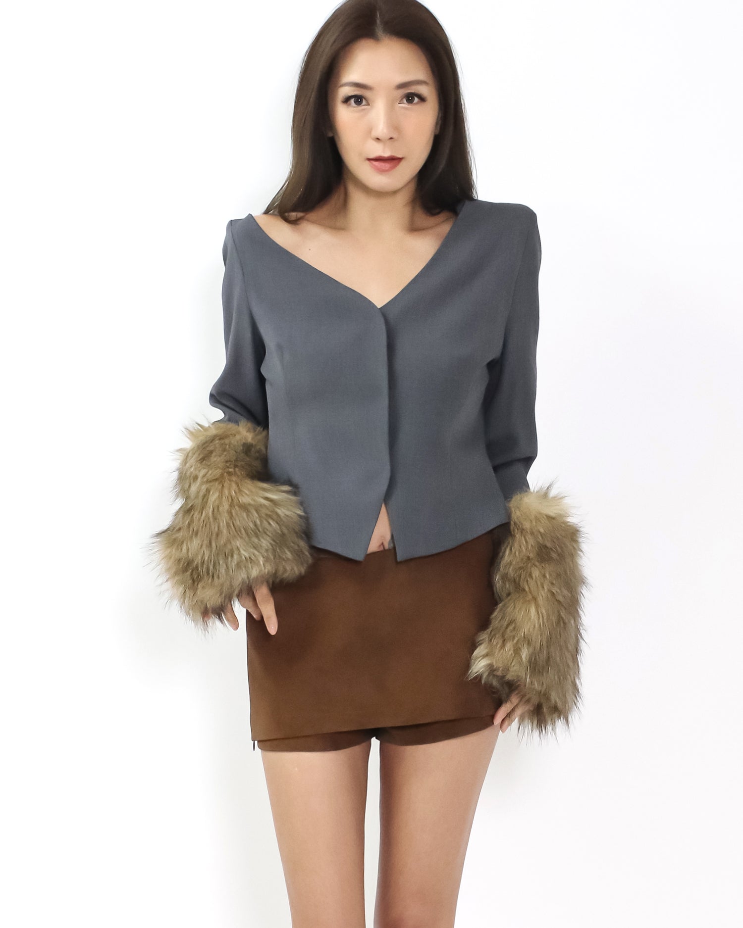 grey w/ beige faux fur sleeves off shoulder jacket
