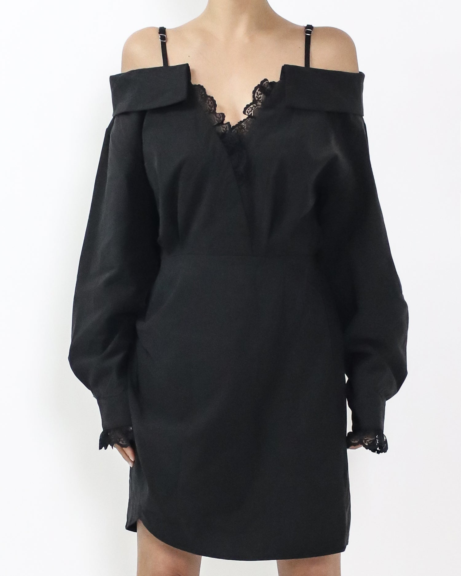 black cutout shoulders strappy lace shirt dress *pre-order*