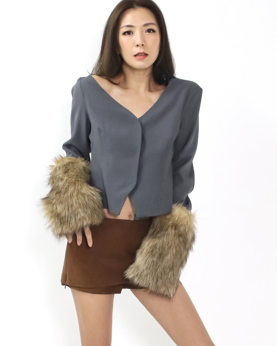grey w/ beige faux fur sleeves off shoulder jacket