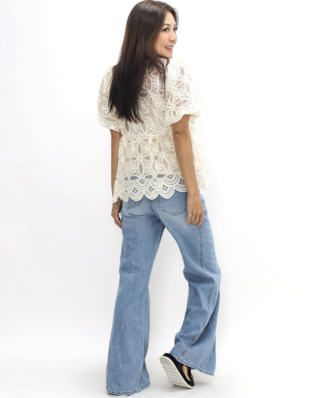 Ivory crochet puff sleeves top w/ slip *pre-order*