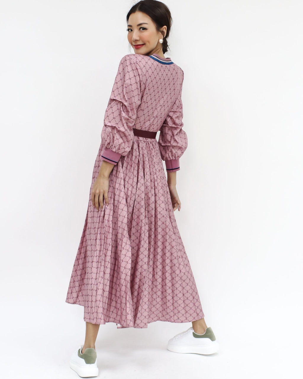 pink printed slinky pleats dress w/ belt *pre-order*