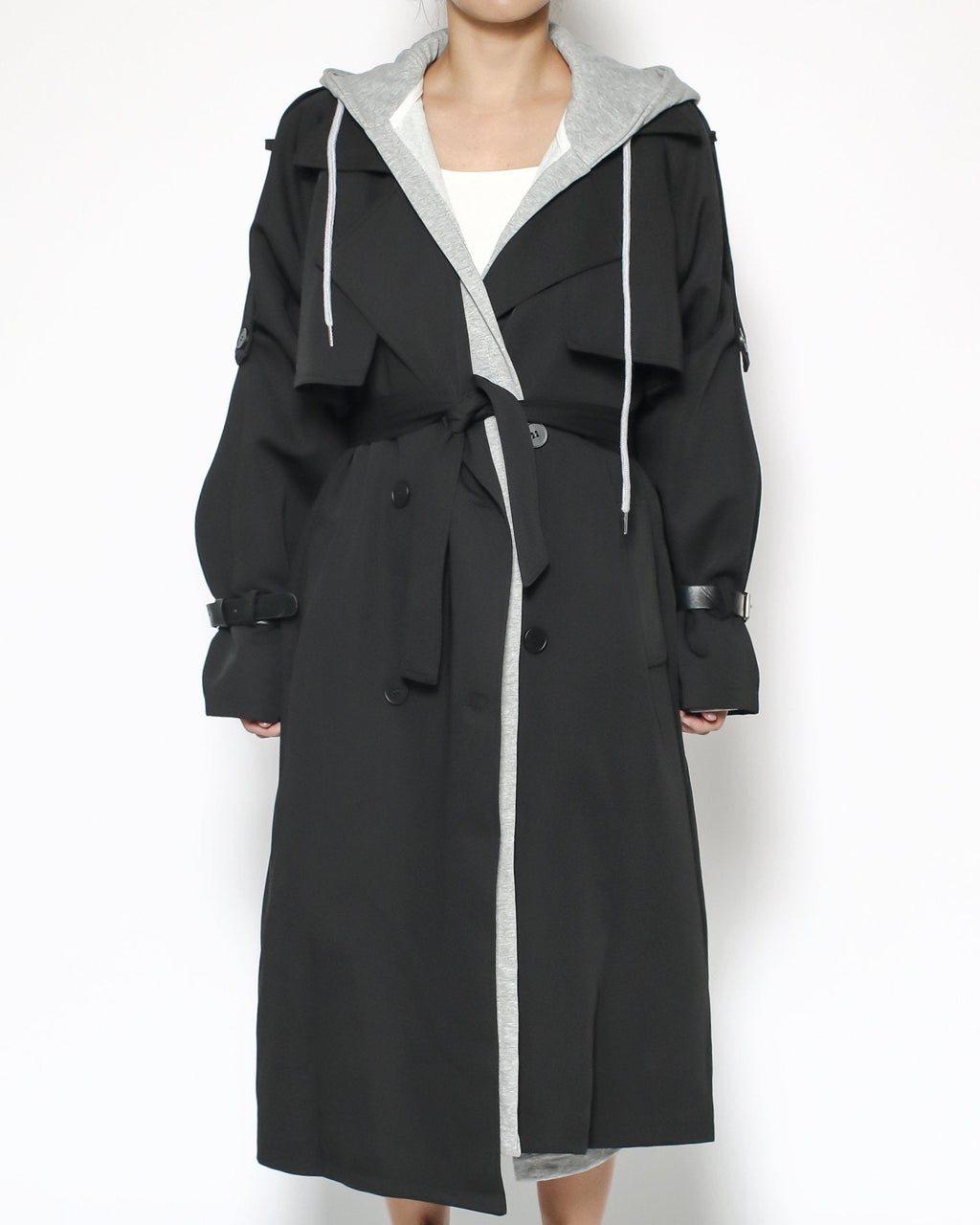 black trench jacket & grey hoodie set with belt*pre-order*