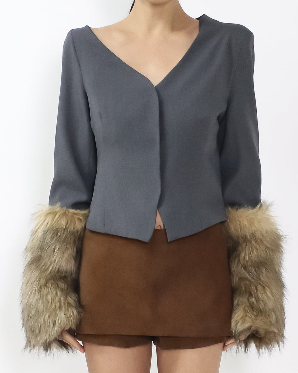 grey w/ beige faux fur sleeves off shoulder jacket