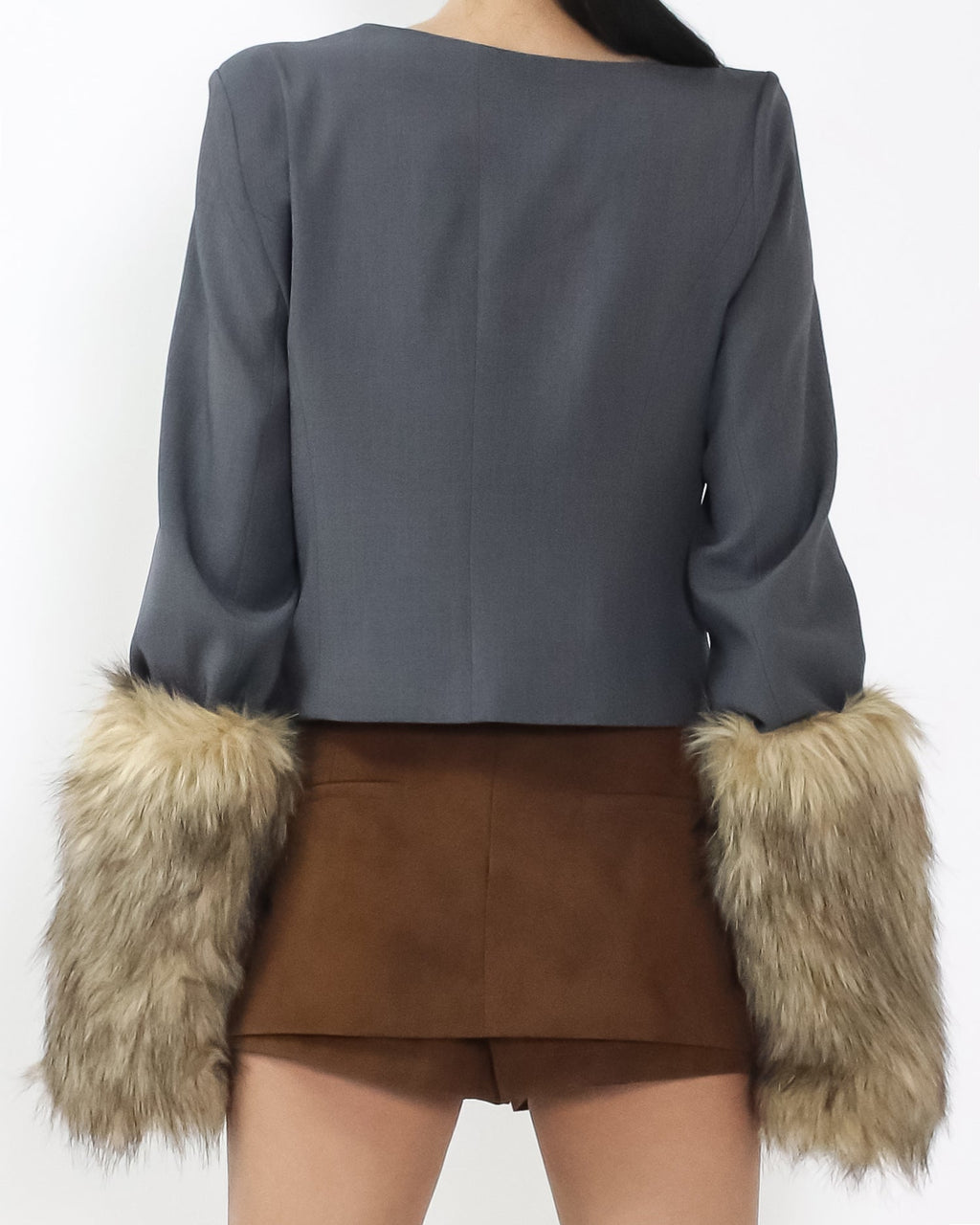 grey w/ beige faux fur sleeves off shoulder jacket
