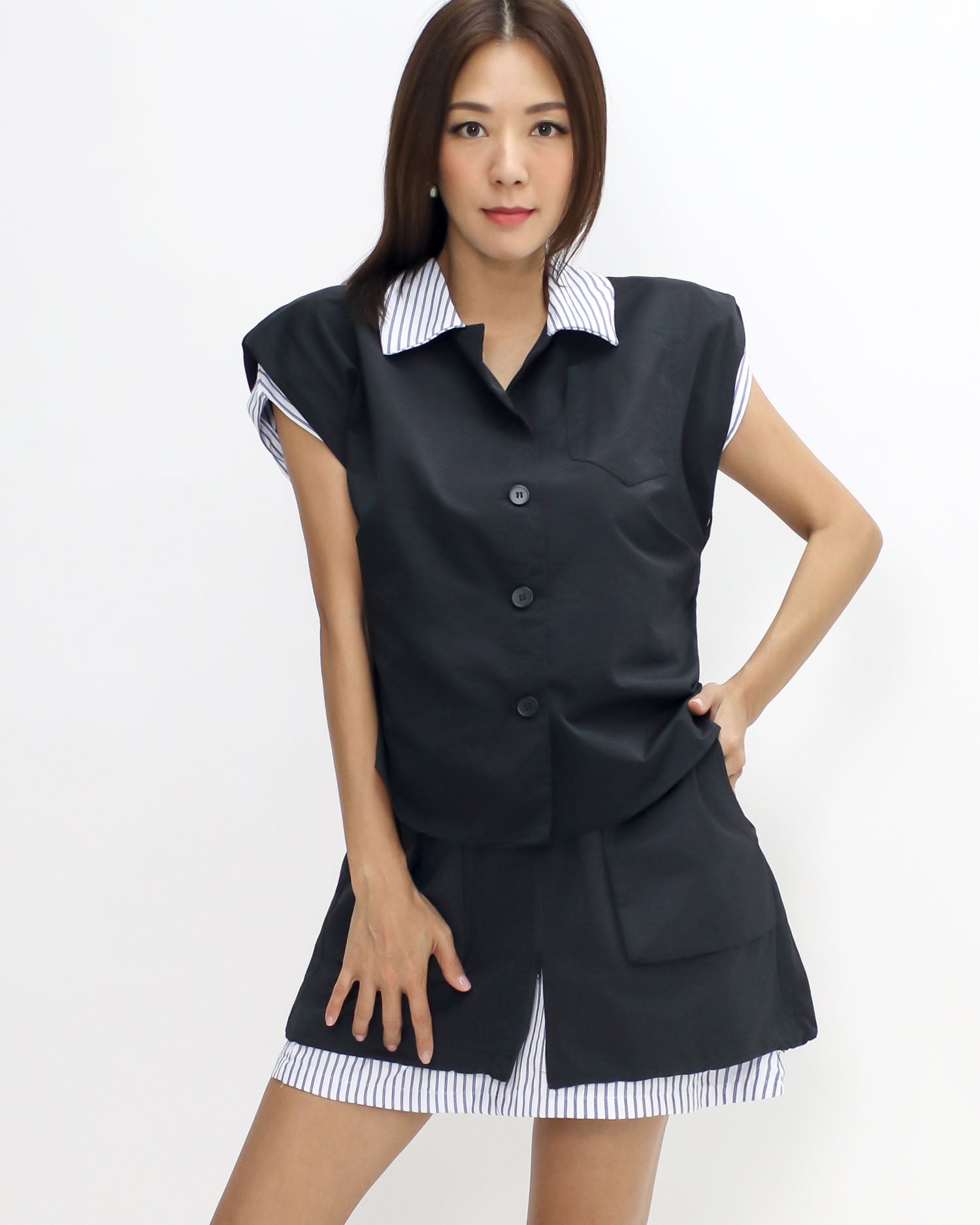 navy w/ blue stripes collar contrast vest jacket & skirt set *pre-order*