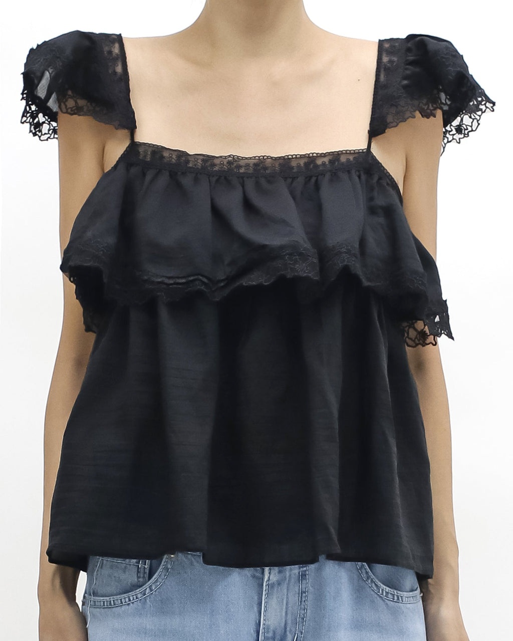 black crochet shoulders layers vest