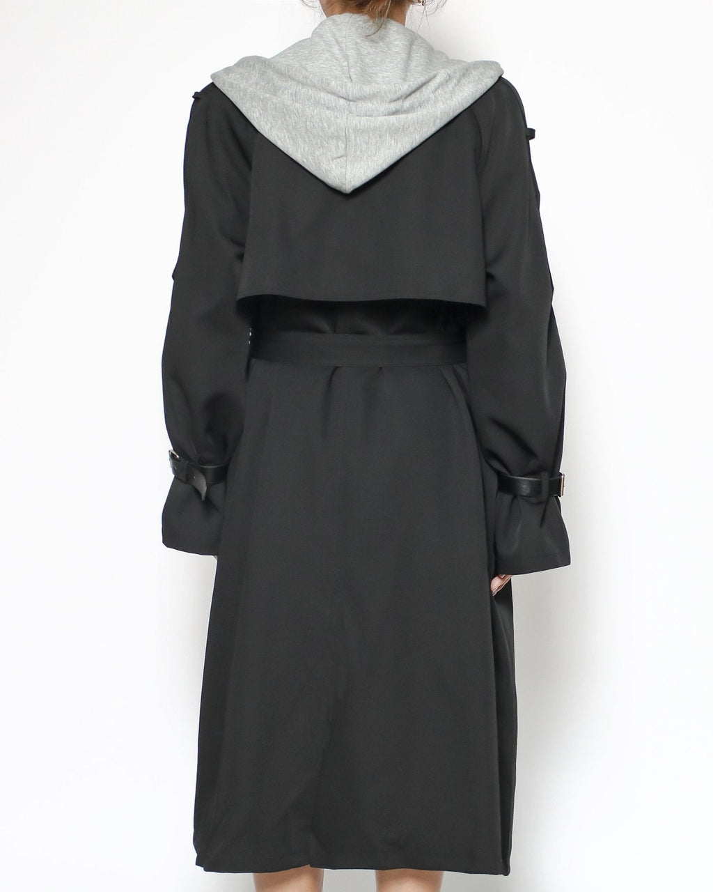 black trench jacket & grey hoodie set with belt*pre-order*