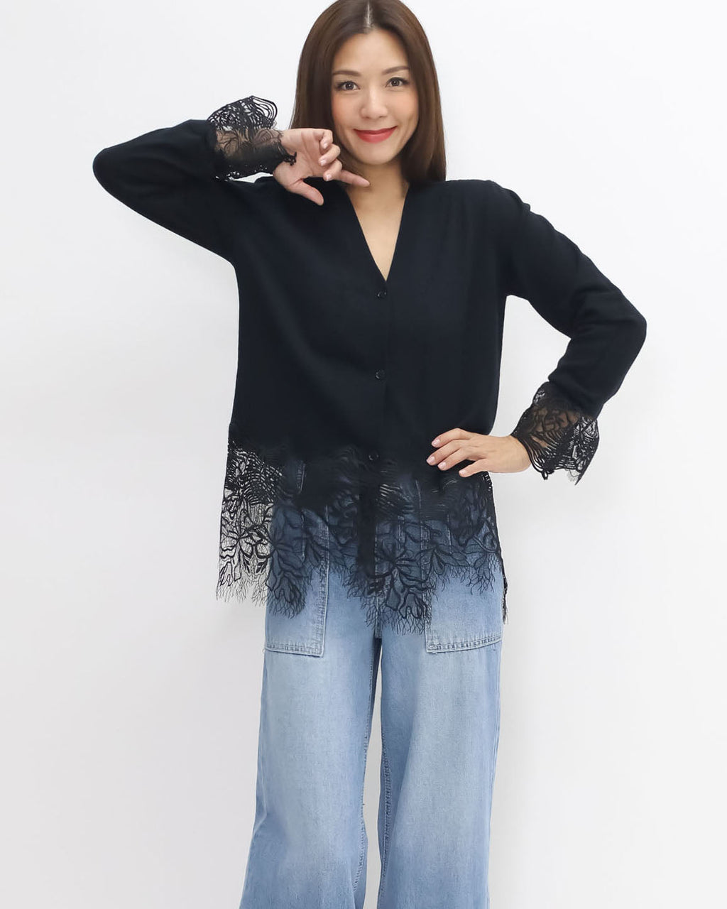 black w/ lace hem & cuffs knitted cardigan *pre-order*