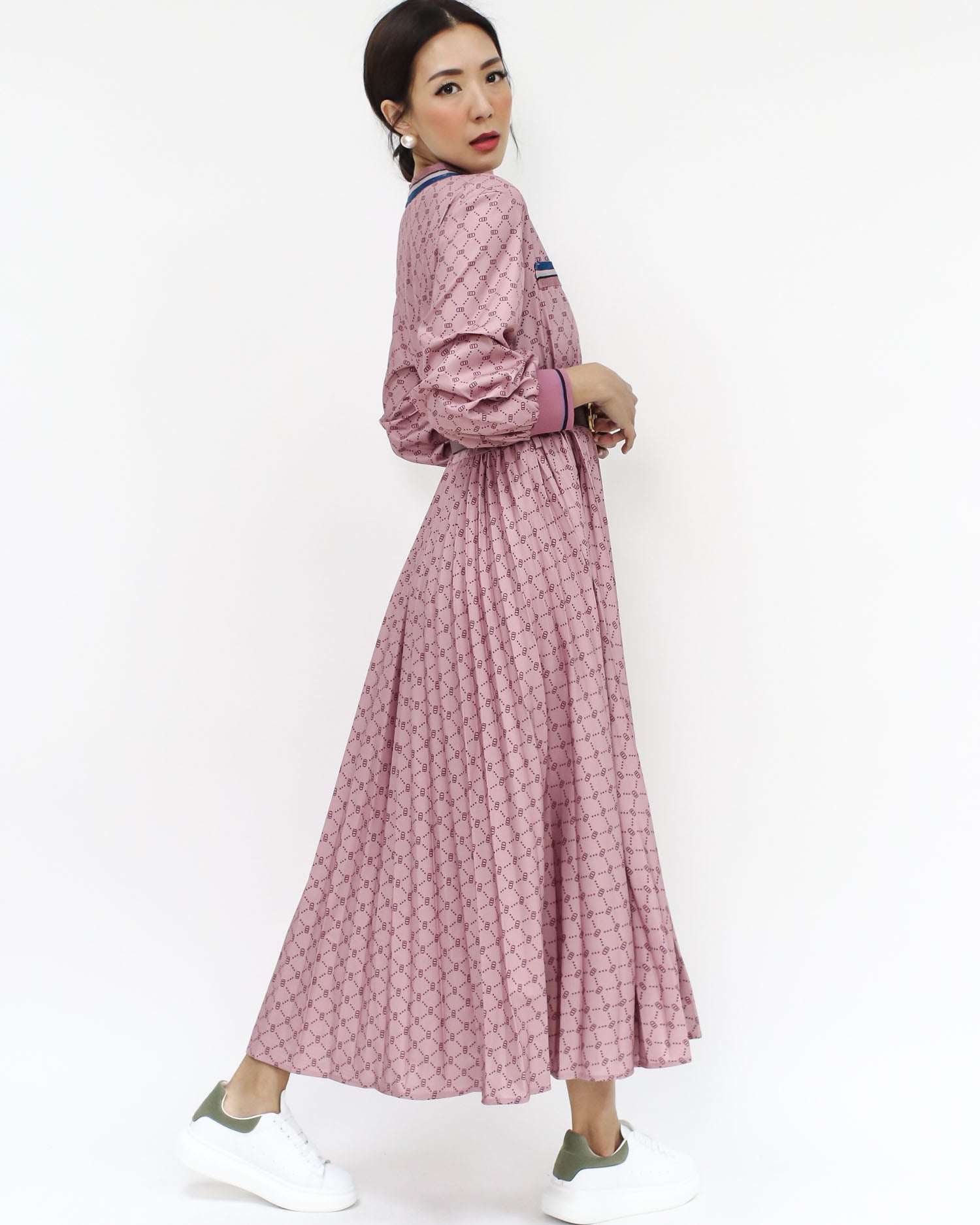 pink printed slinky pleats dress w/ belt *pre-order*