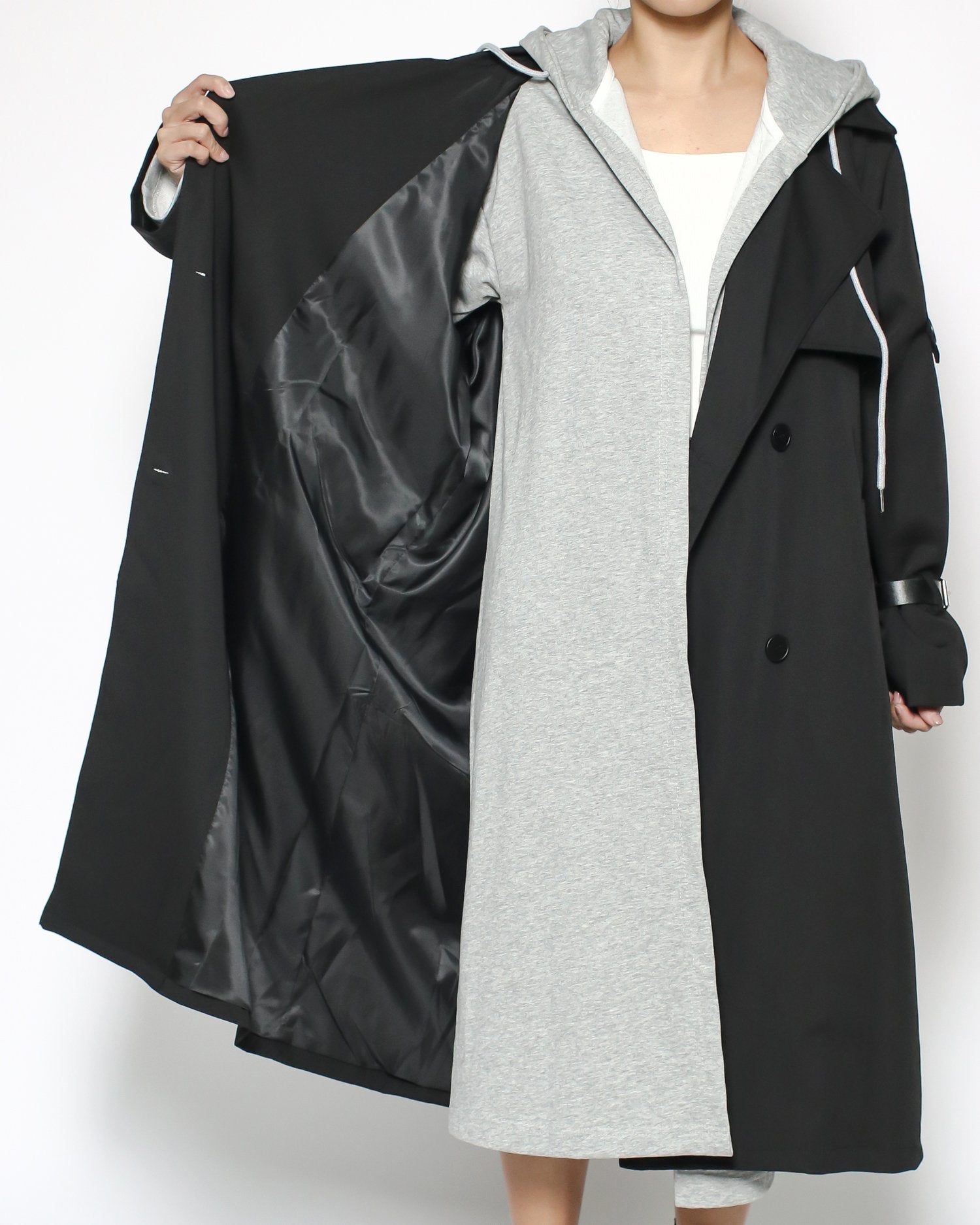black trench jacket & grey hoodie set with belt*pre-order*