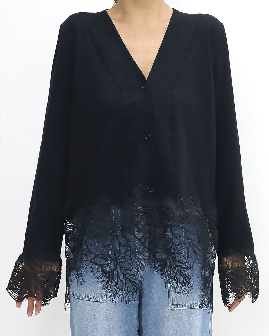 black w/ lace hem & cuffs knitted cardigan *pre-order*