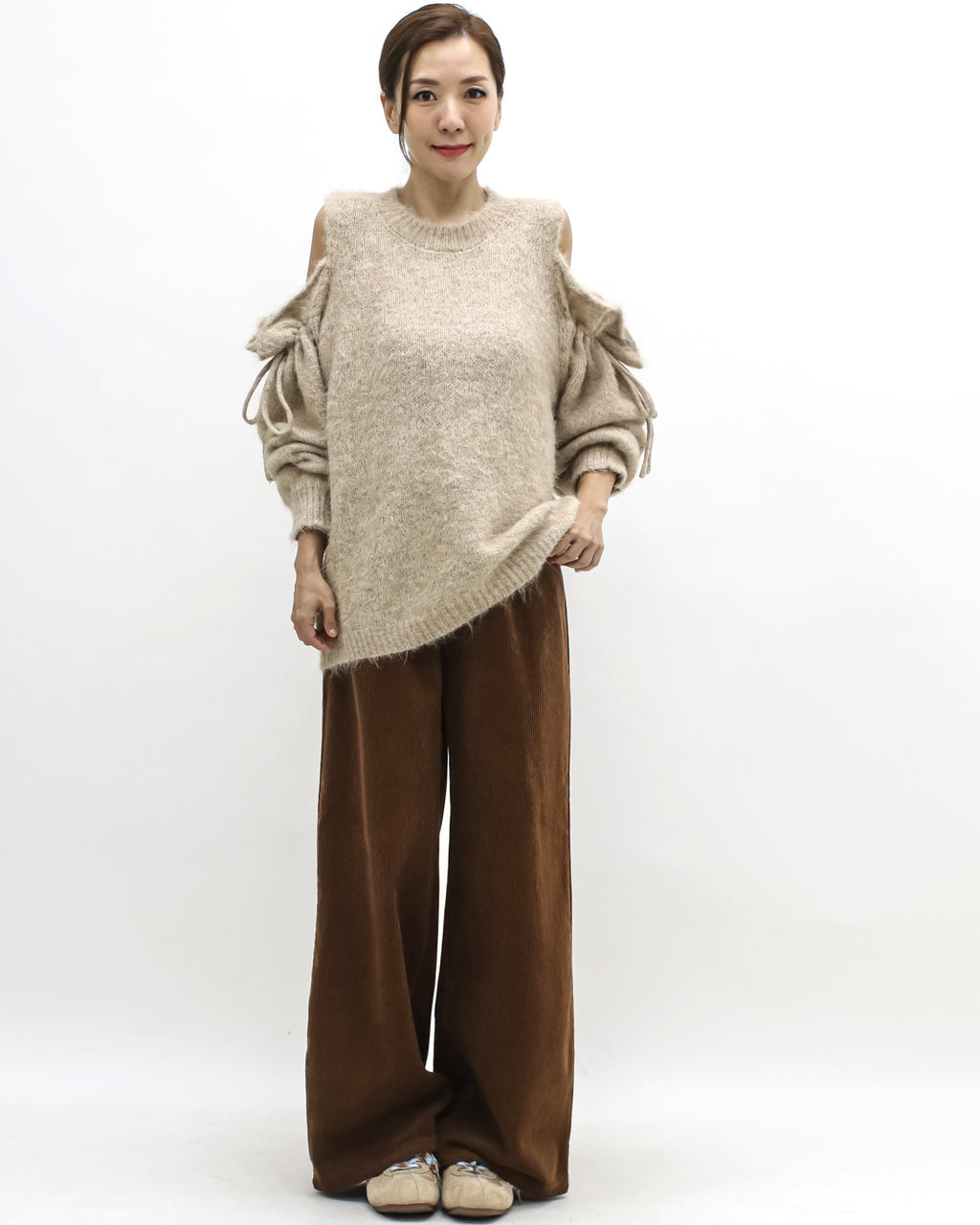 beige cutout shoulders mohair knitted top