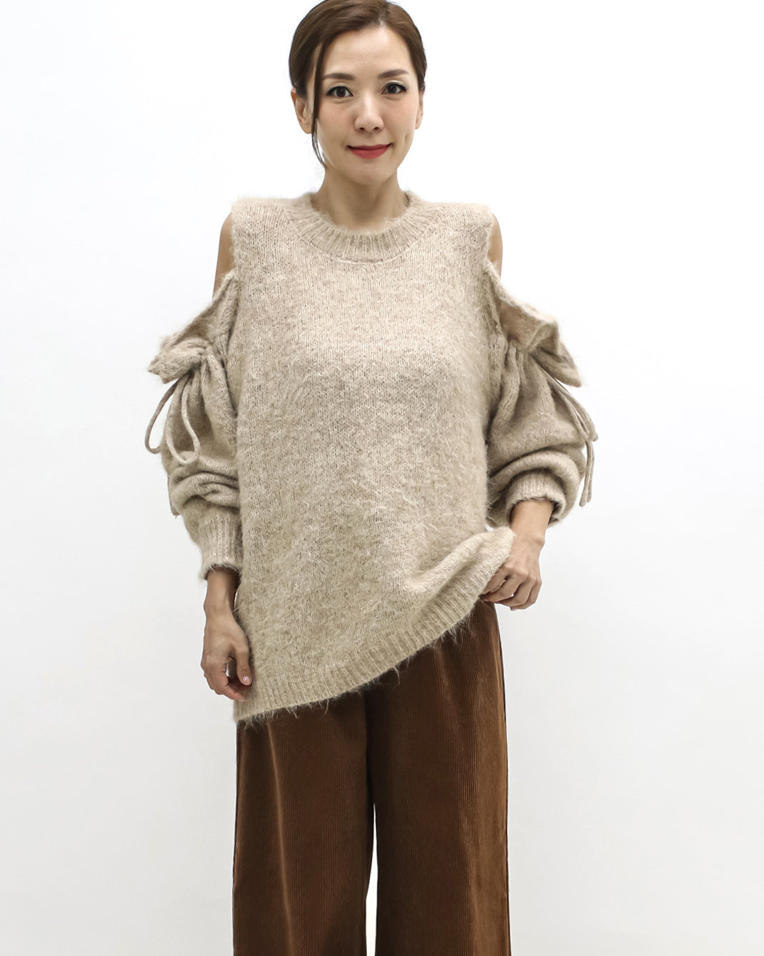 beige cutout shoulders mohair knitted top