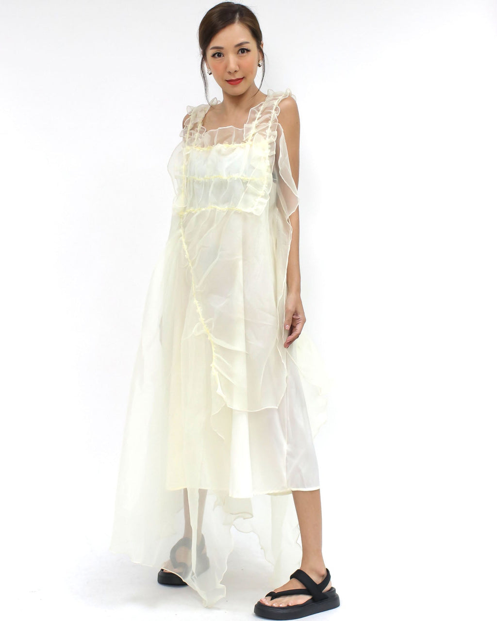 ivory mesh layers ruffles dress