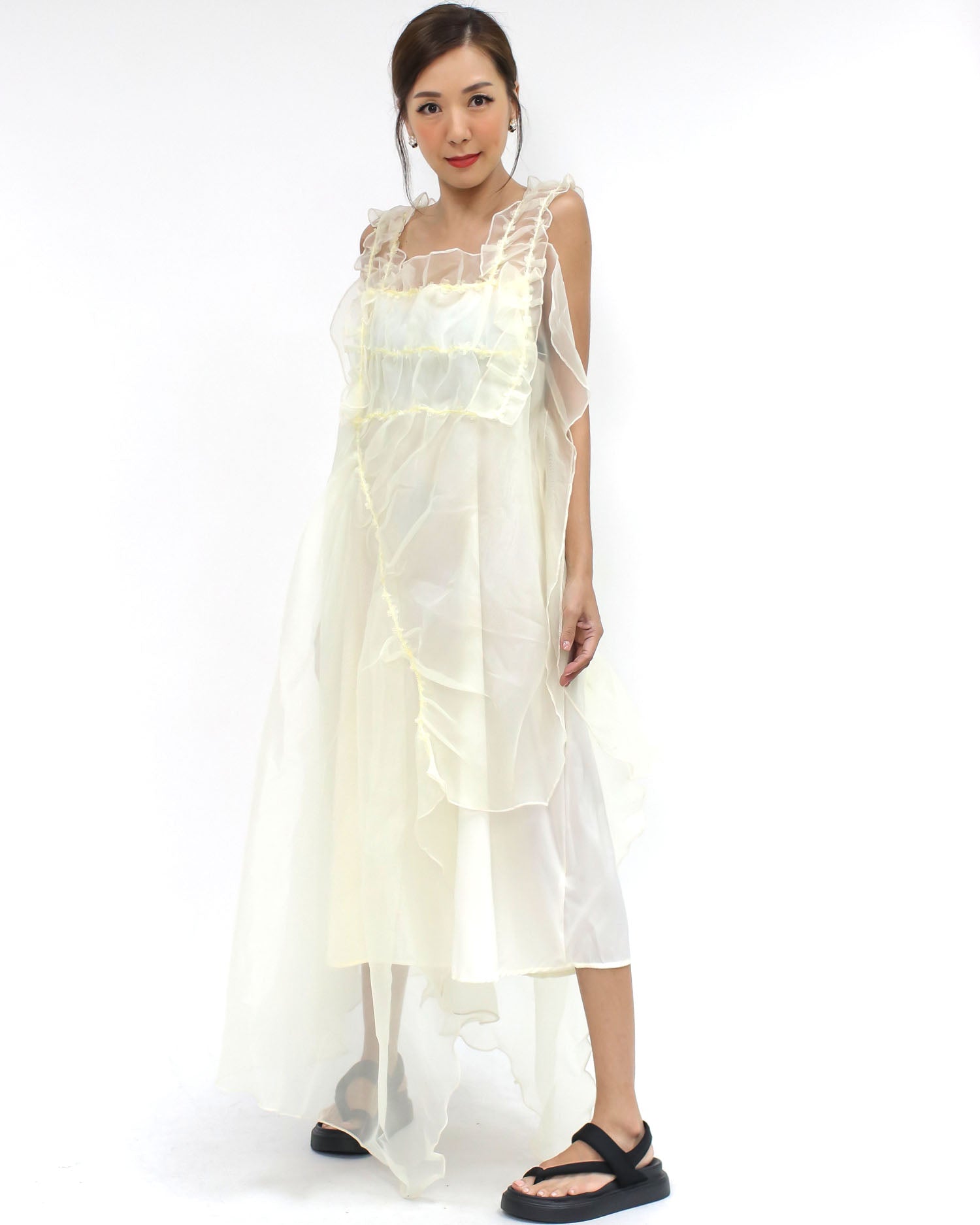 ivory mesh layers ruffles dress