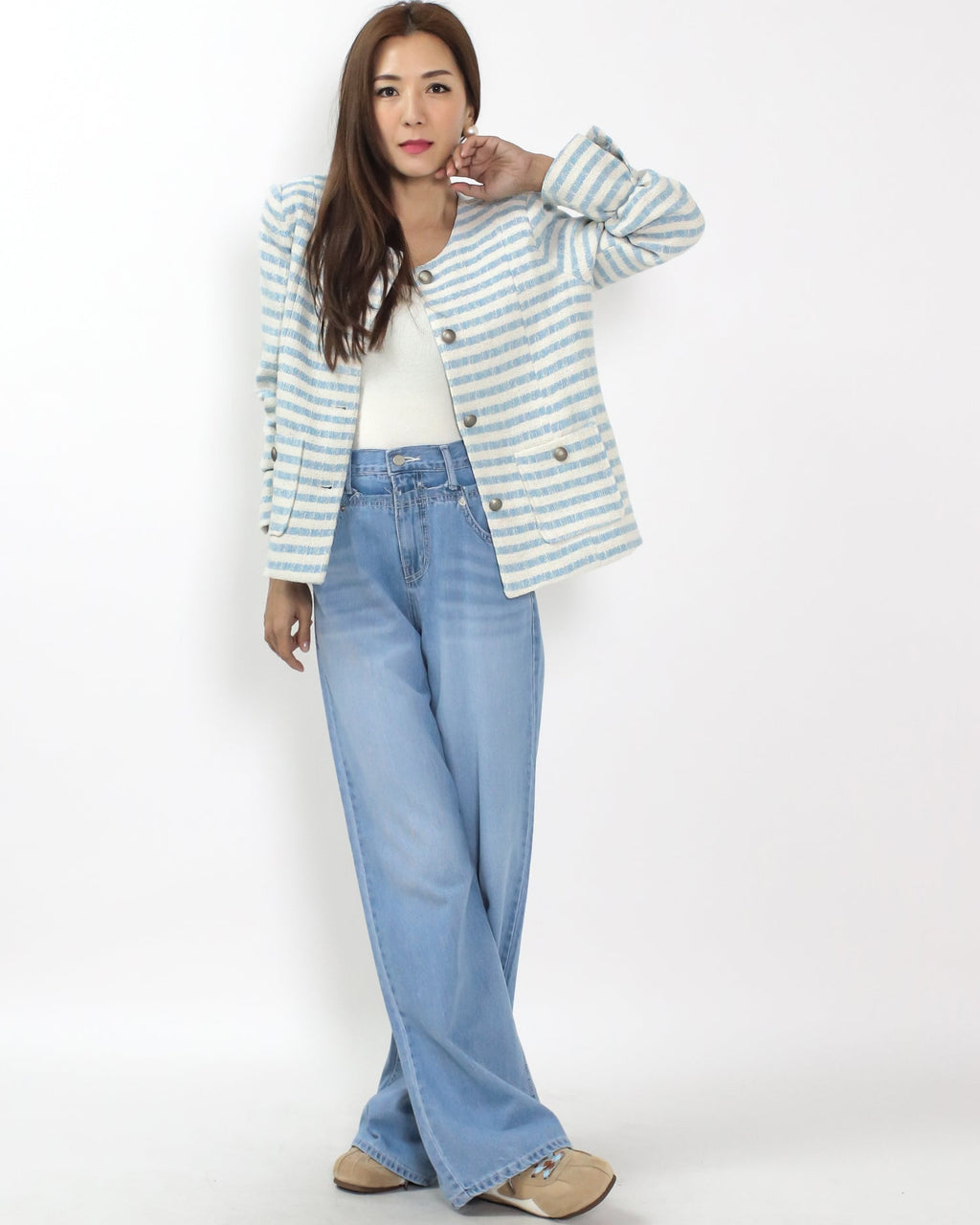 blue denim layer waist straight leg jeans