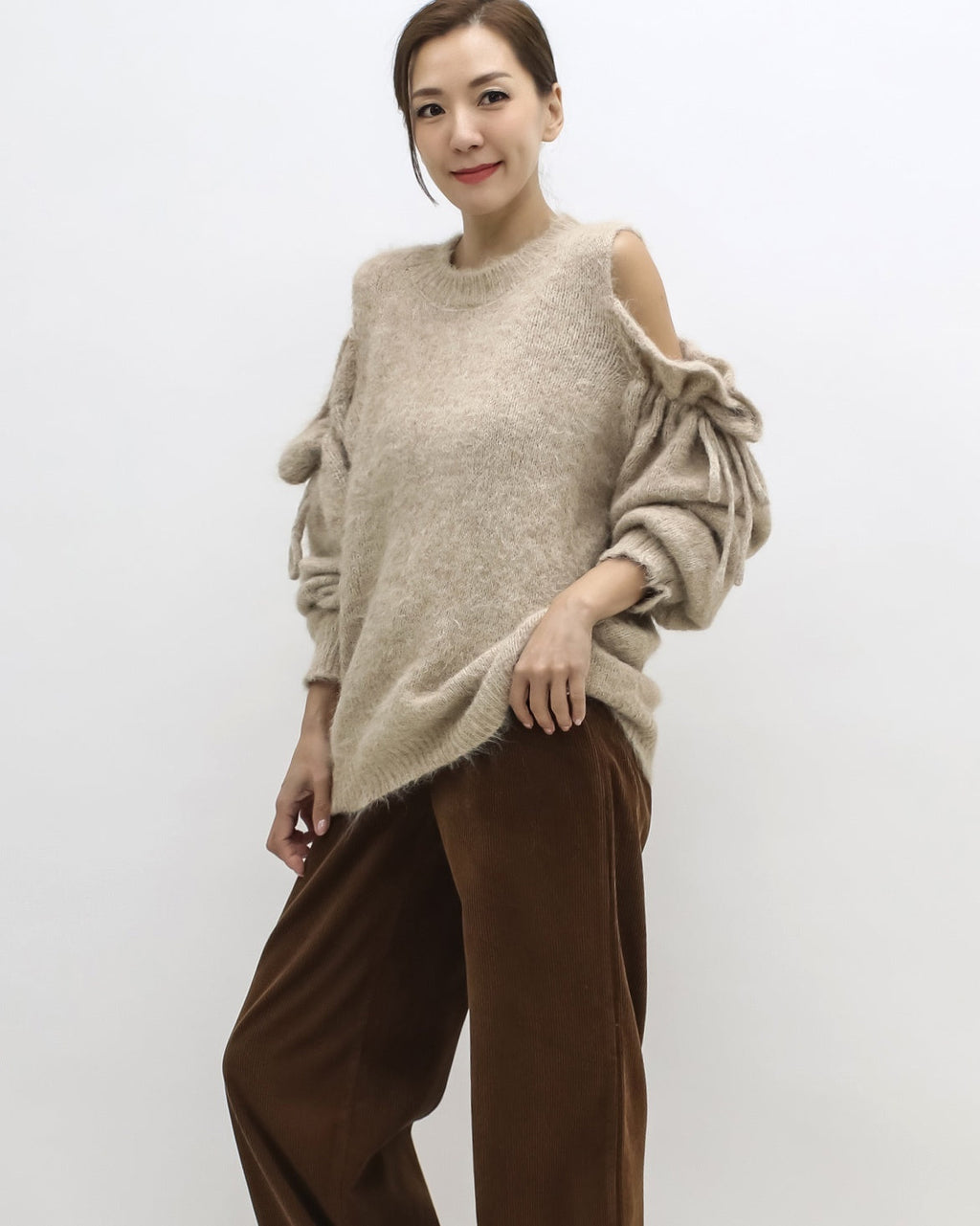 beige cutout shoulders mohair knitted top