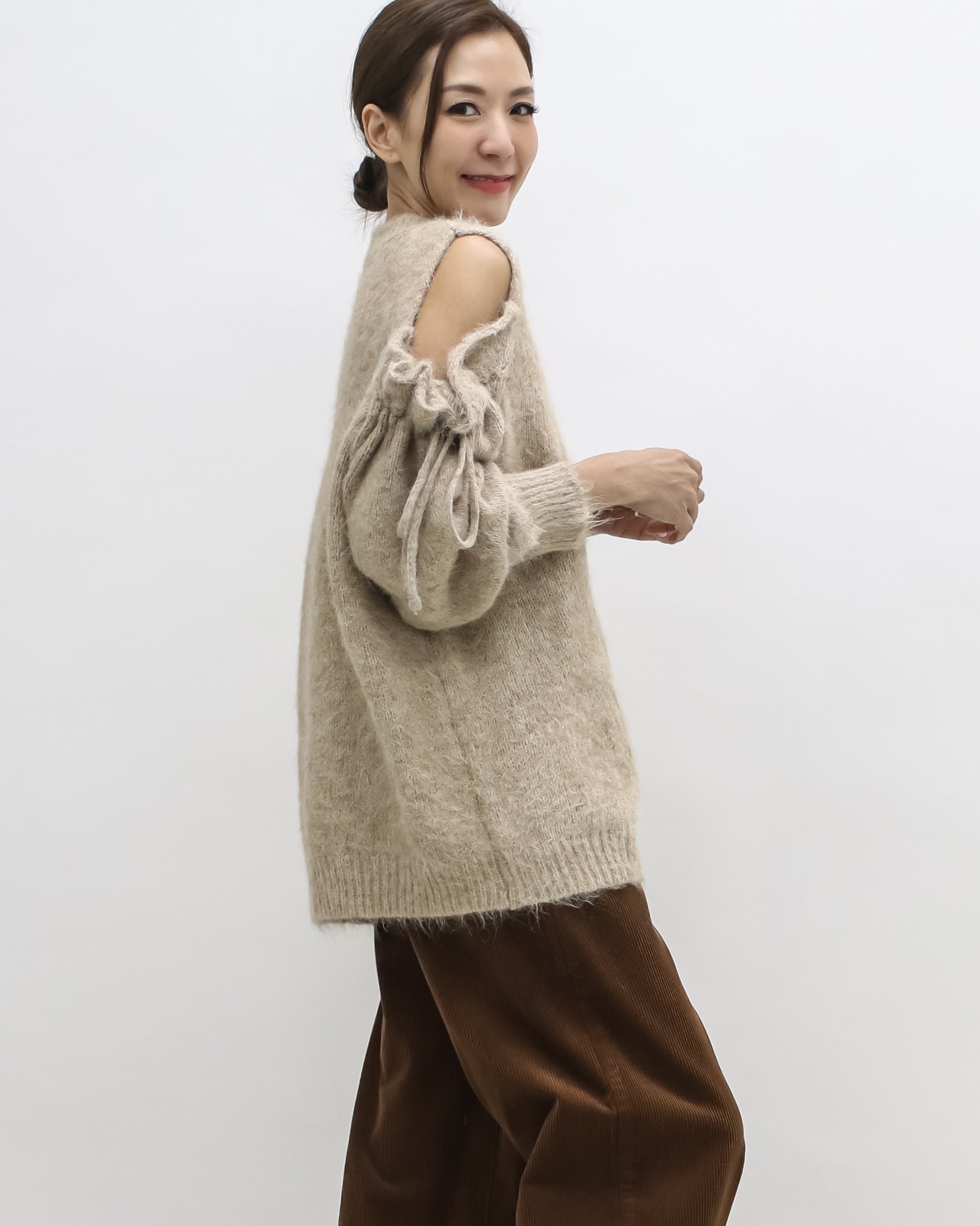 beige cutout shoulders mohair knitted top