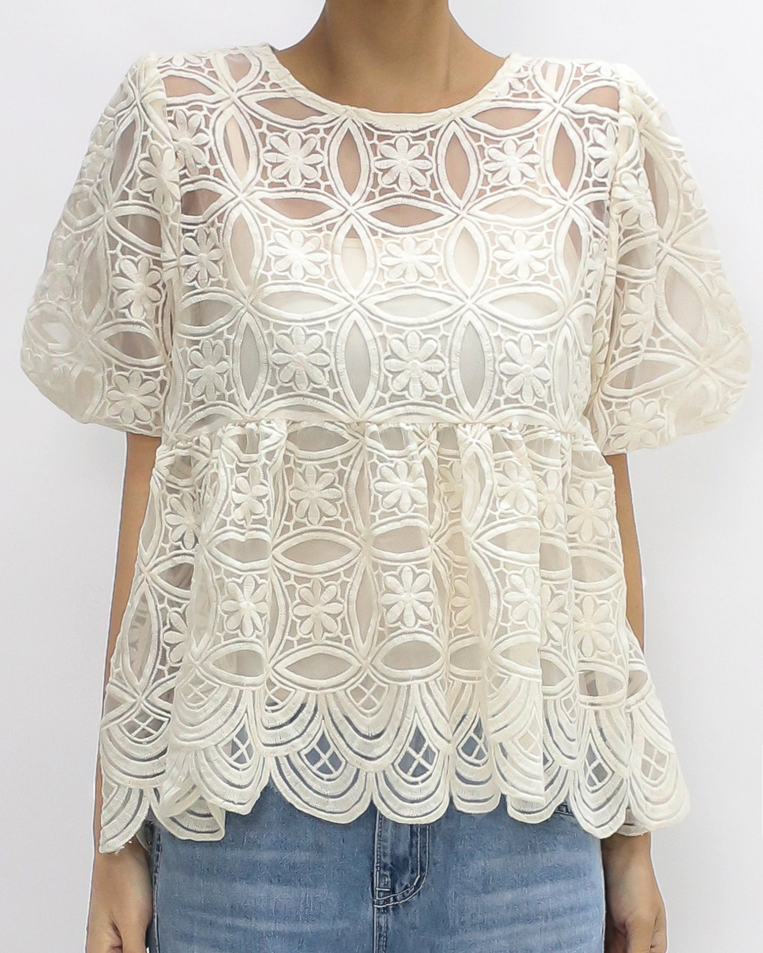 Ivory crochet puff sleeves top w/ slip *pre-order*