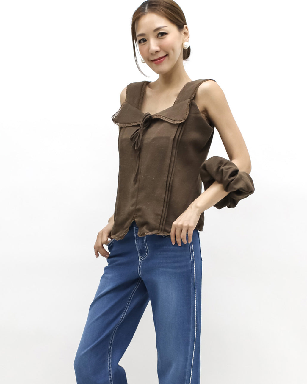 brown lace trim linen vest w/ rubber band *pre-order*