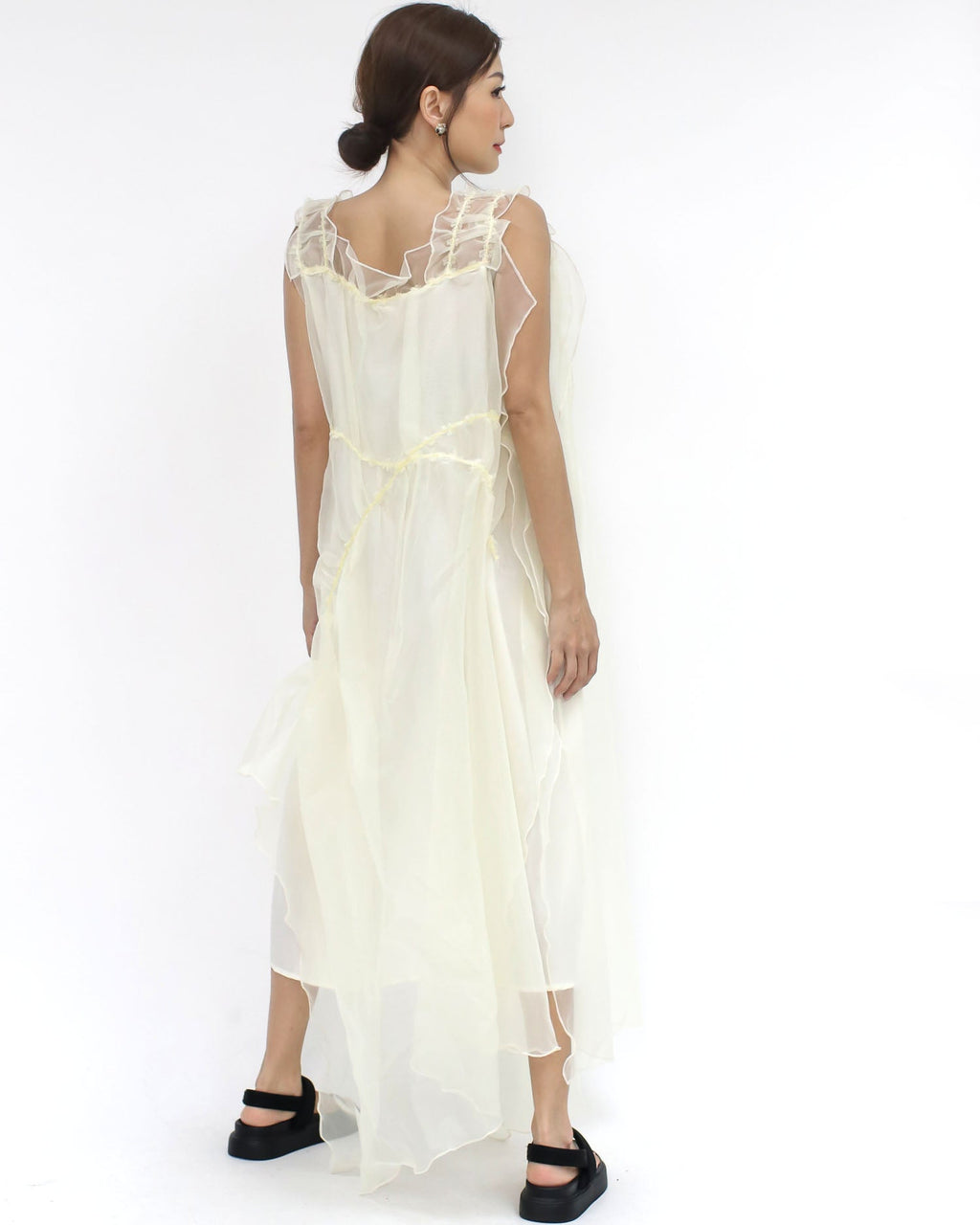 ivory mesh layers ruffles dress