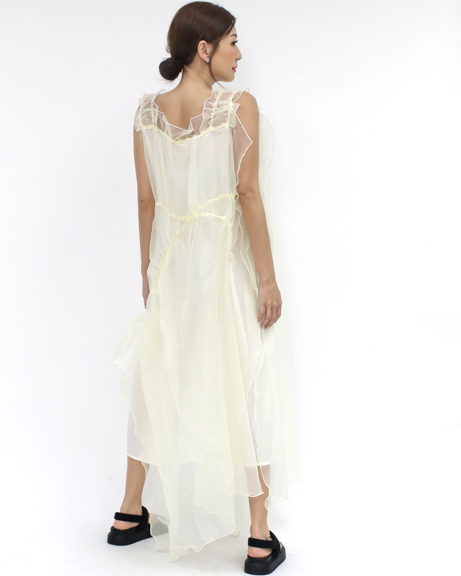 ivory mesh layers ruffles dress