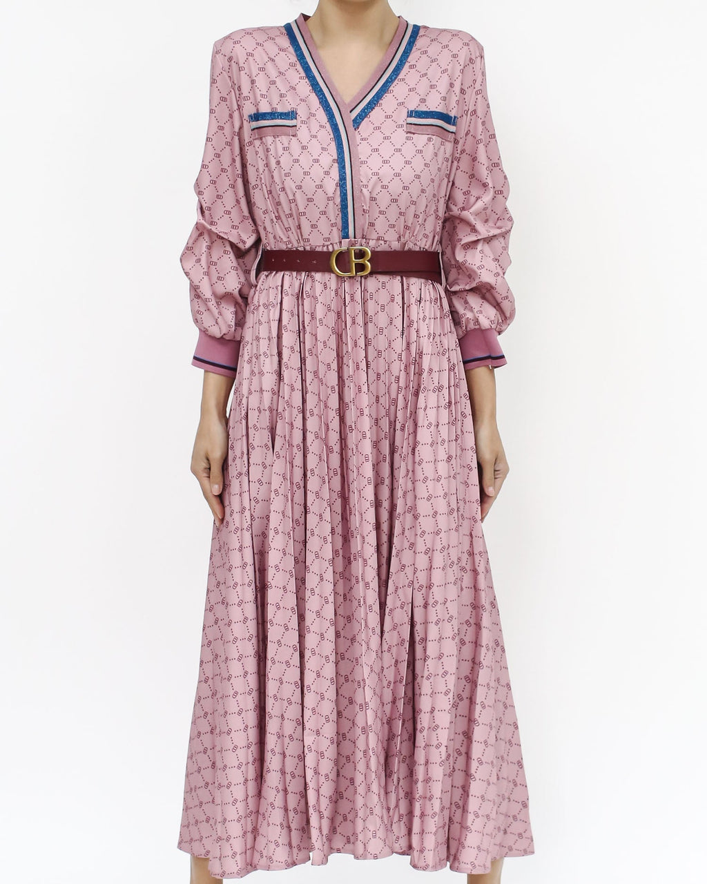 pink printed slinky pleats dress w/ belt *pre-order*
