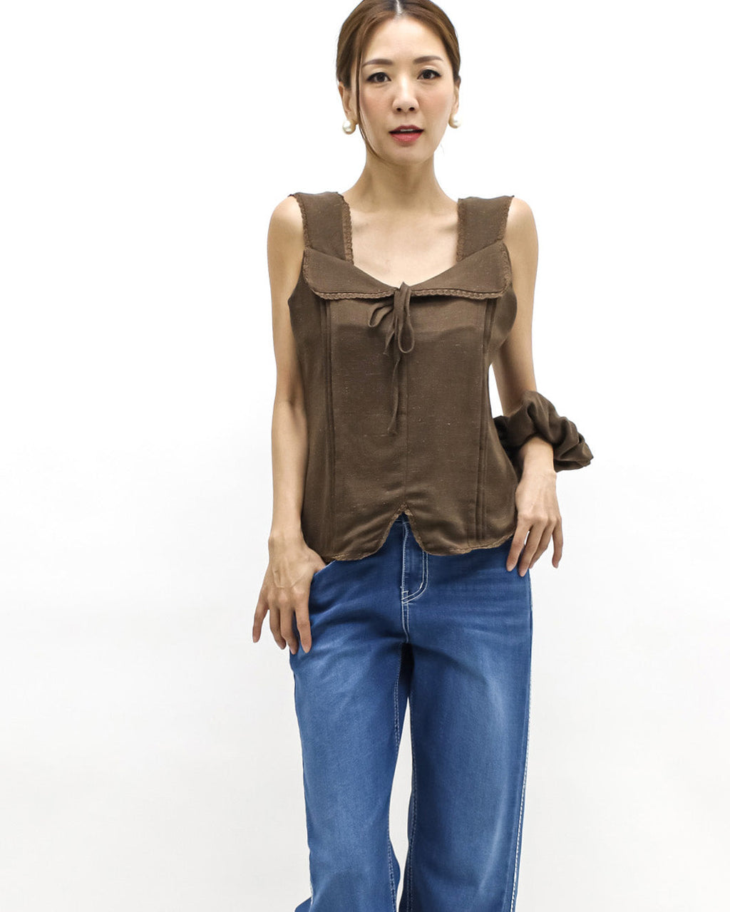 brown lace trim linen vest w/ rubber band *pre-order*
