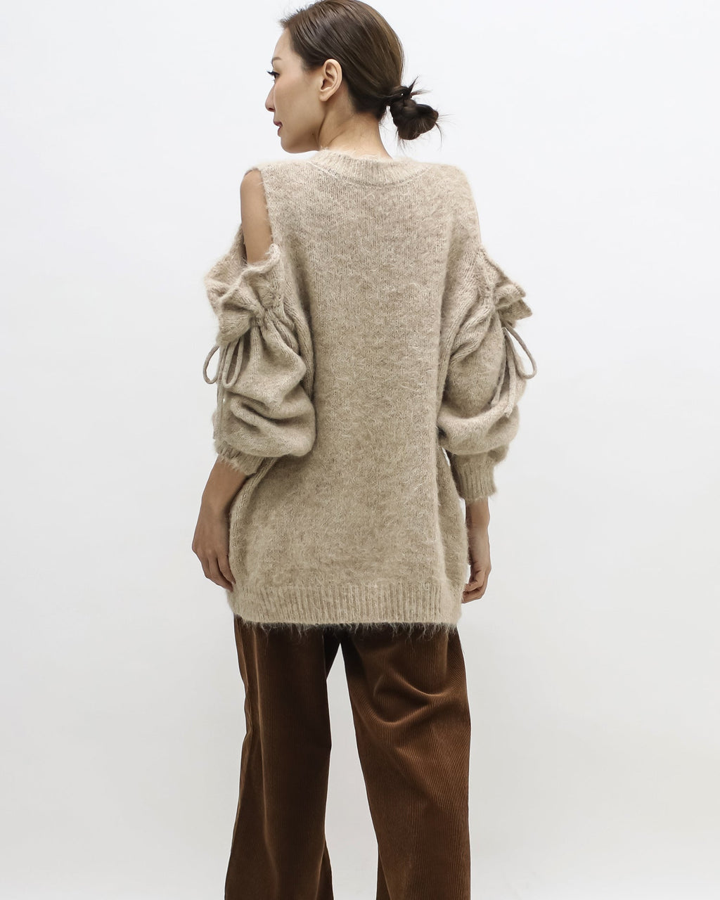 beige cutout shoulders mohair knitted top