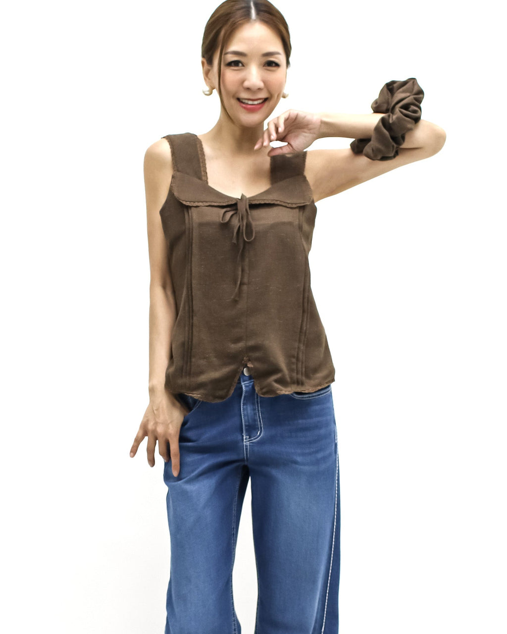 brown lace trim linen vest w/ rubber band *pre-order*