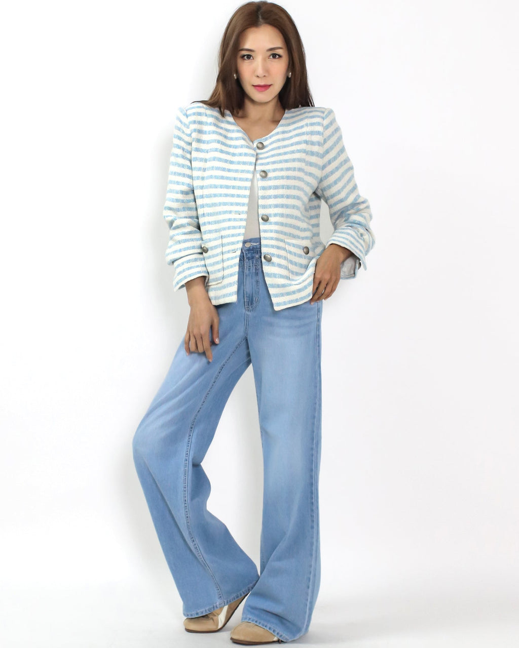 blue denim layer waist straight leg jeans