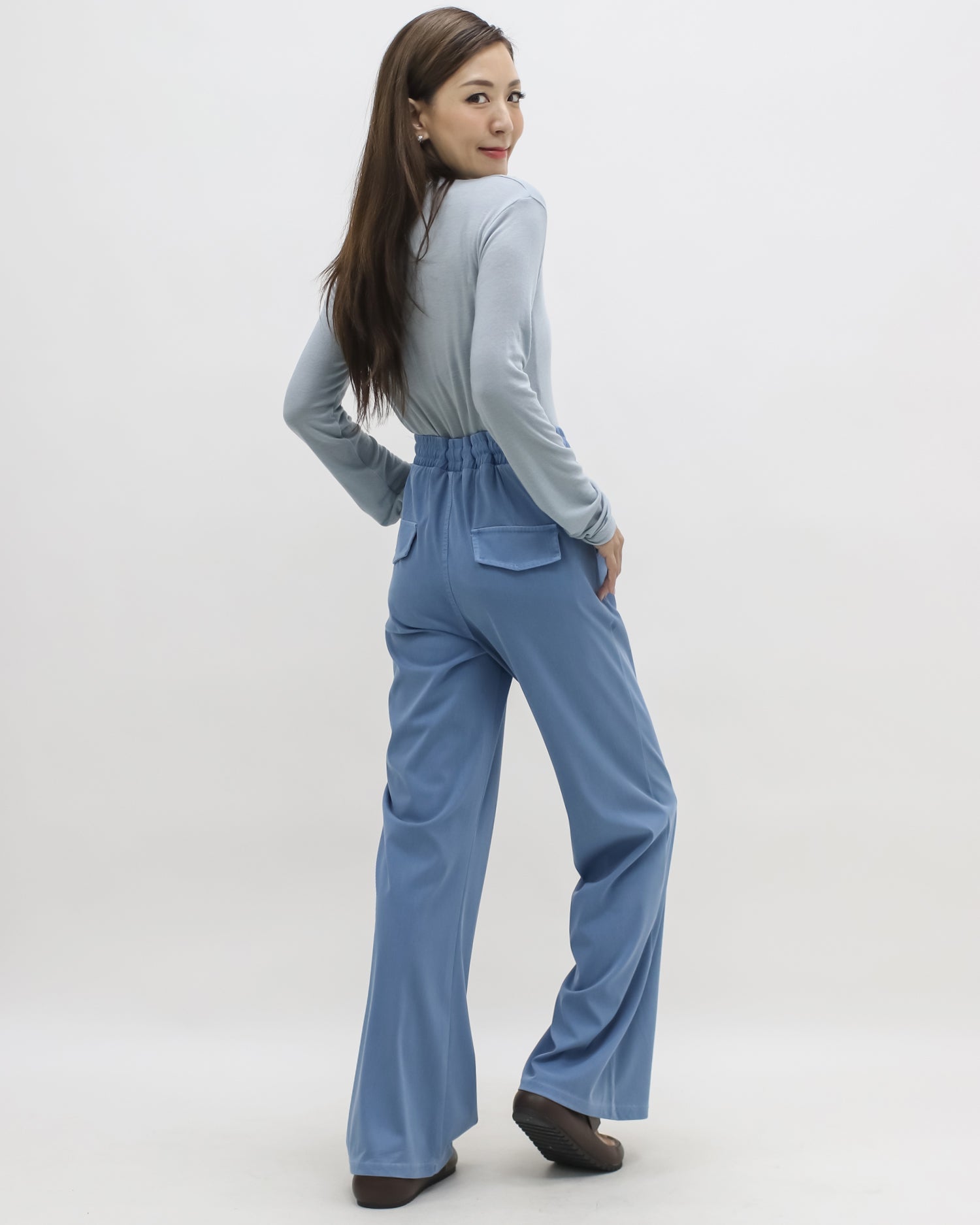 blue soft denim straight leg pants