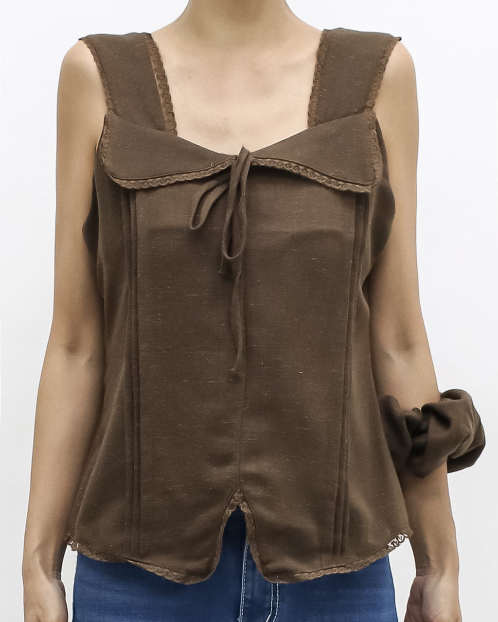brown lace trim linen vest w/ rubber band *pre-order*