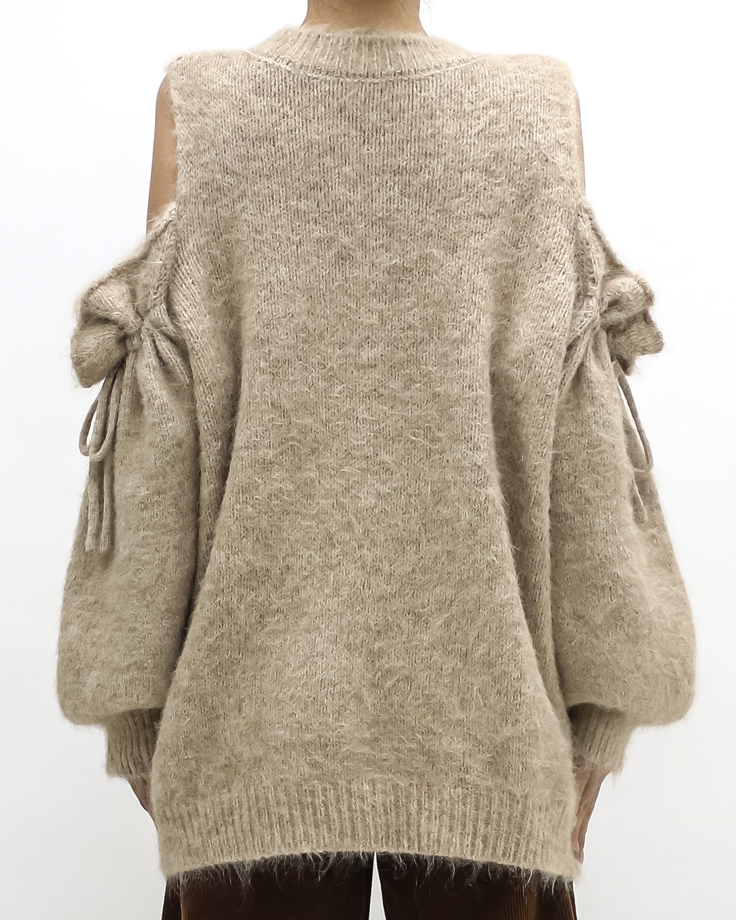 beige cutout shoulders mohair knitted top
