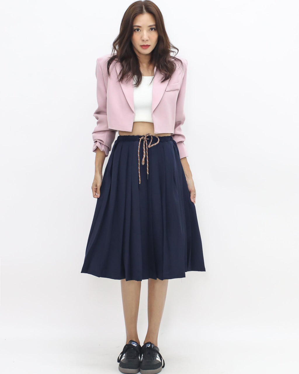 navy pleats drawstring waist midi skirt