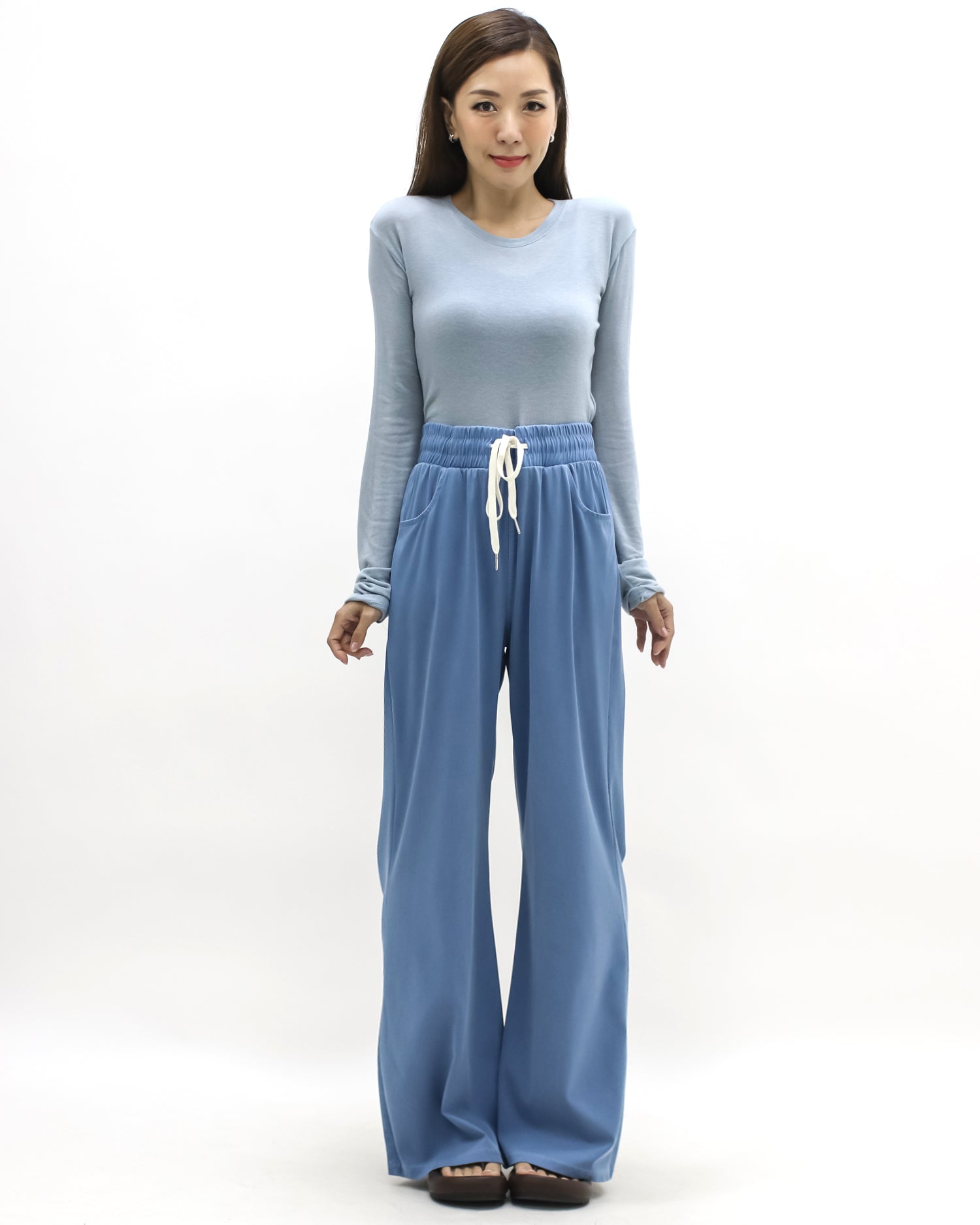 blue soft denim straight leg pants
