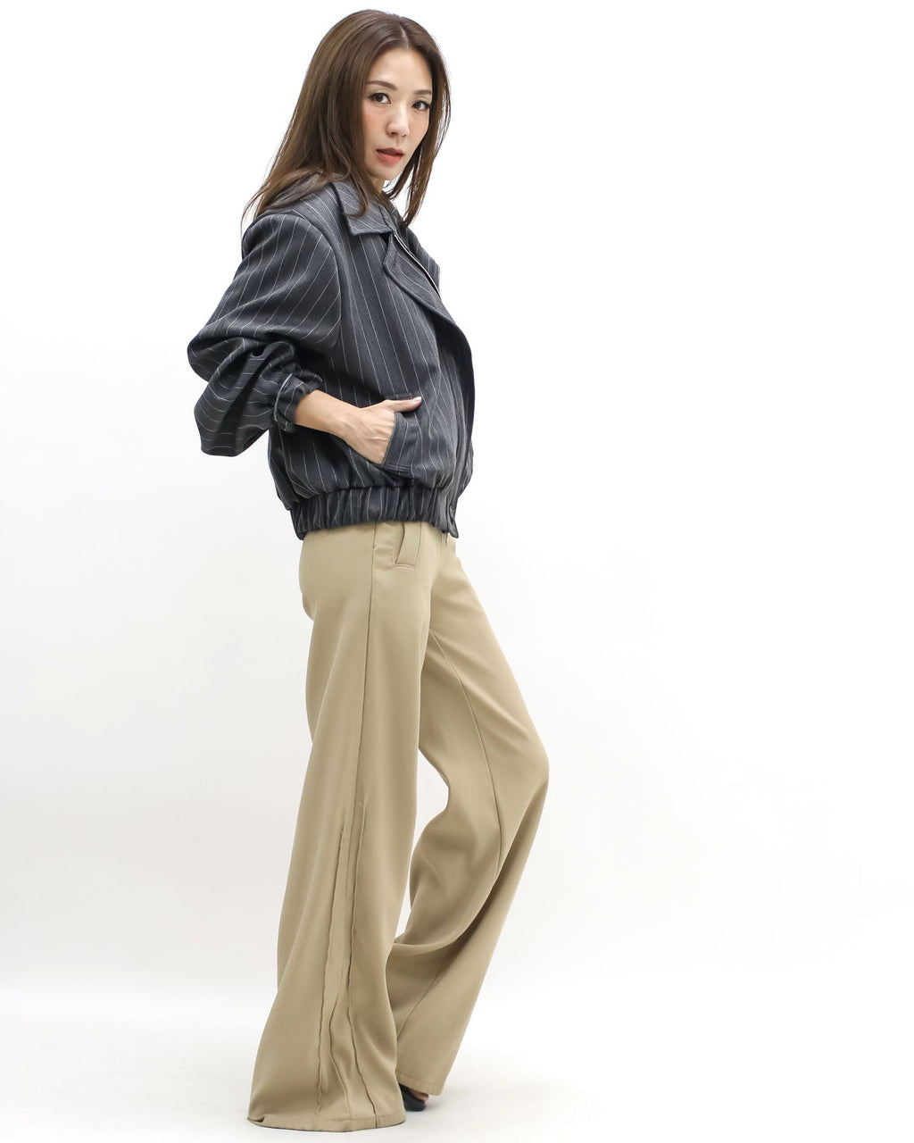 dark grey stripes shoulder pads bomber jacket