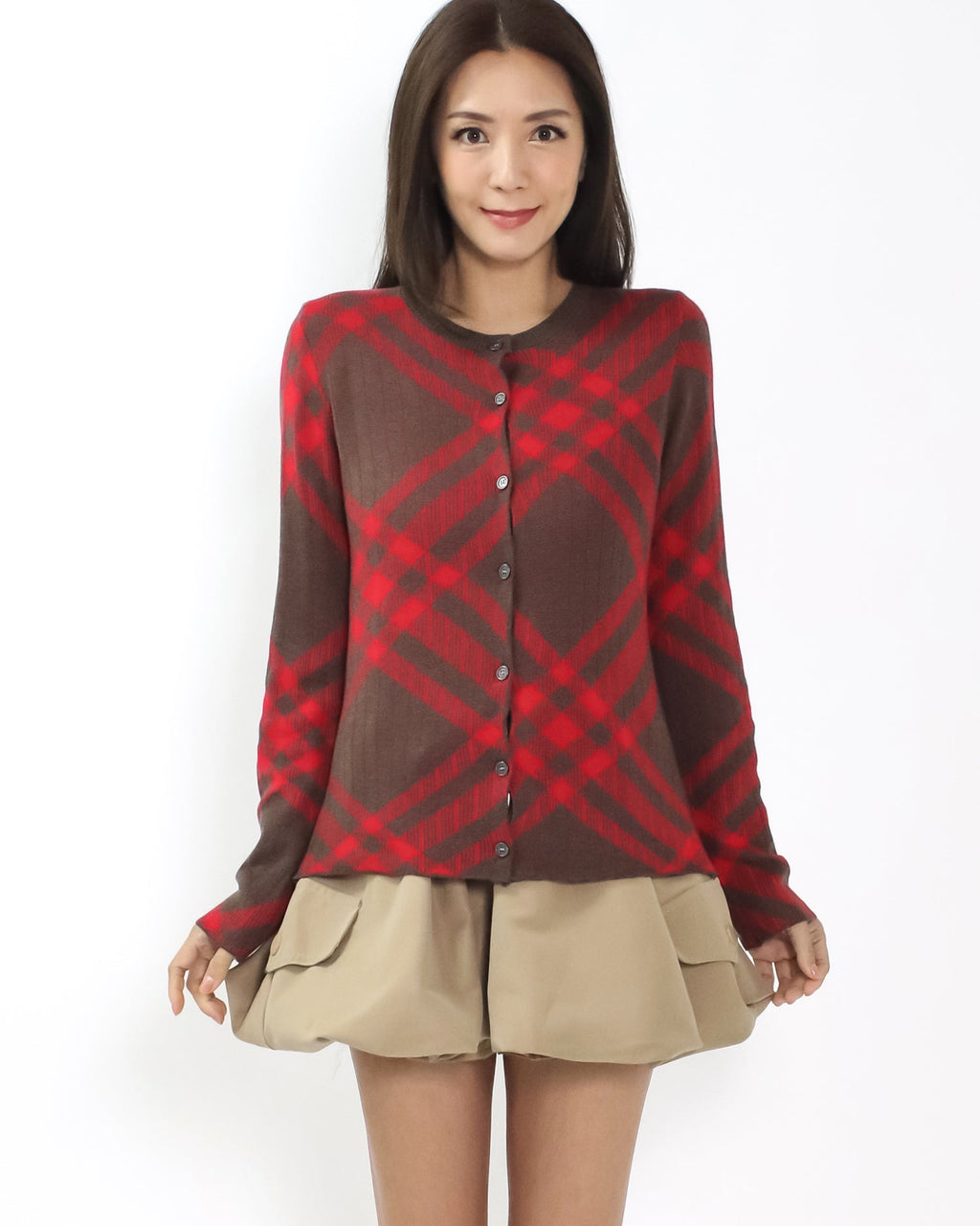 brown & red checkers soft knitted cardigan *pre-order*