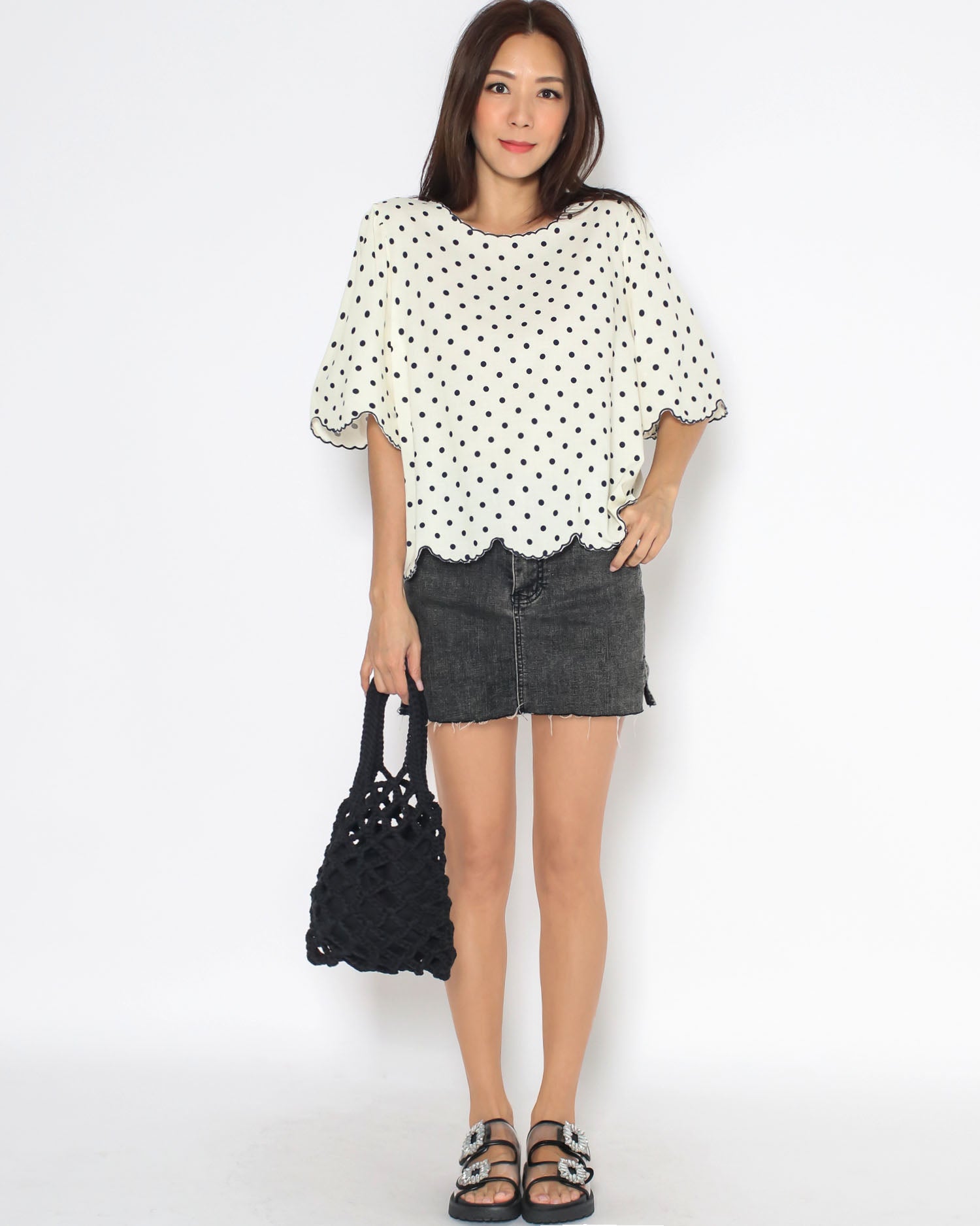 beige polka dots scallop hem shirt top *pre-order*