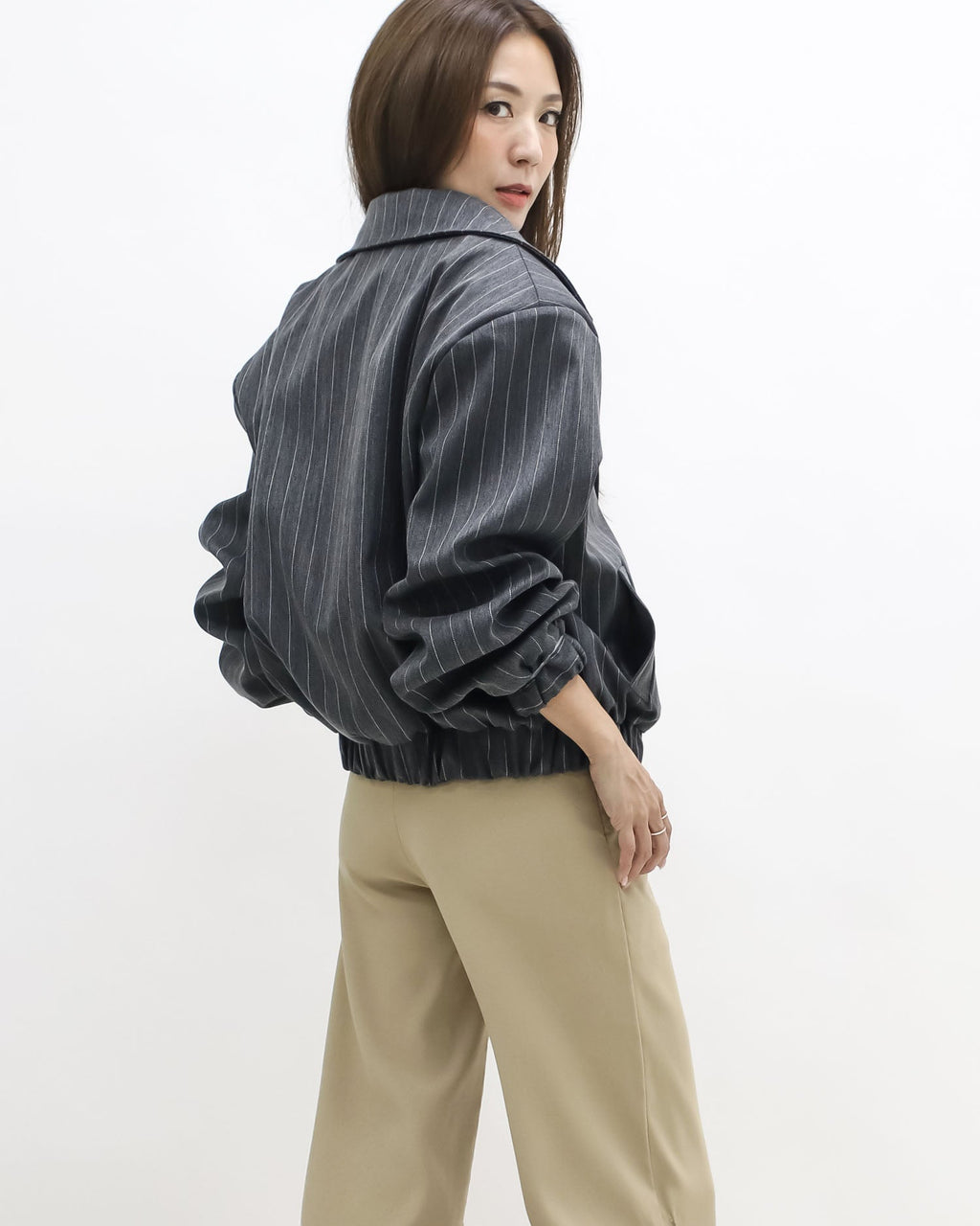 dark grey stripes shoulder pads bomber jacket