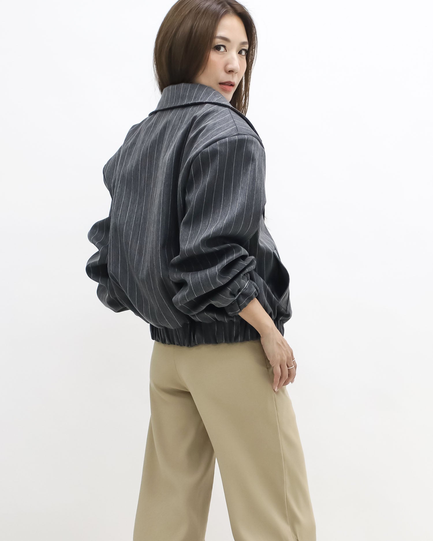 dark grey stripes shoulder pads bomber jacket